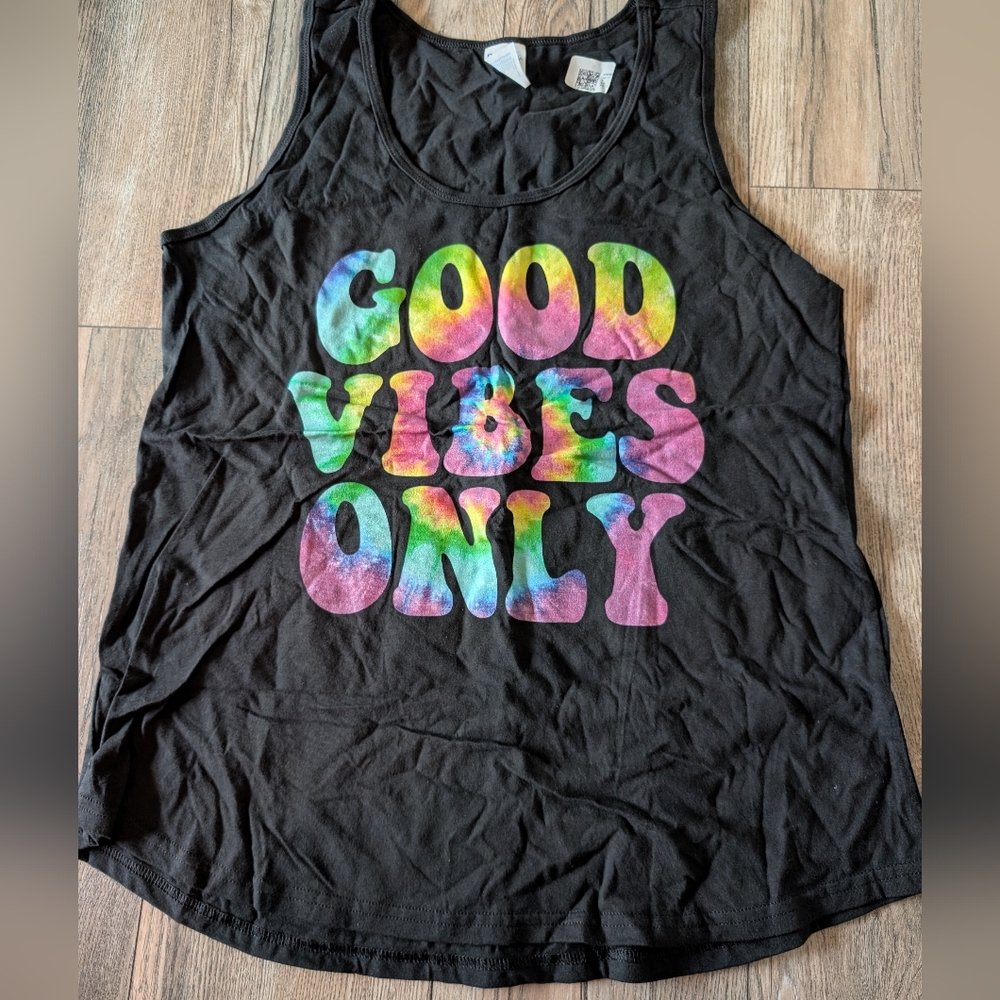 Graphic Tank Top Good Vibes Only Black with Rainbow Tie Dye Size XL NWT - Picture 5 of 10